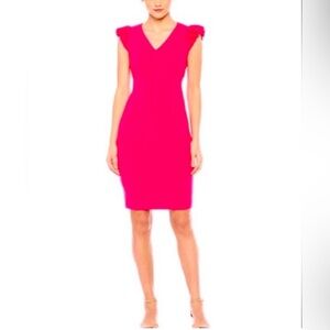 Gorgeous Hot Pink Sheath Dress W/V-Neckline and Short Puff Sleeves